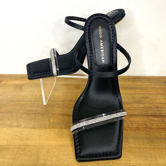 Good American Satin Rhinestone Heels Womens 7.5 Black Gold Square Toe Holidays - Picture 7 of 12